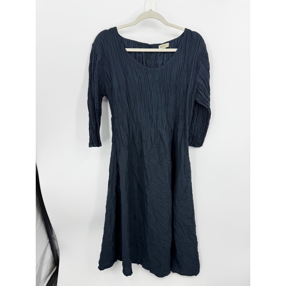 Alquema Crinkle Pleated Midi Dress 2 Navy Blue Button Back Pockets fits 10/12/14